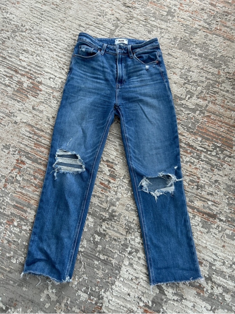 PAIGE Blue Distressed Straight-Leg Jeans - Picture 4 of 7